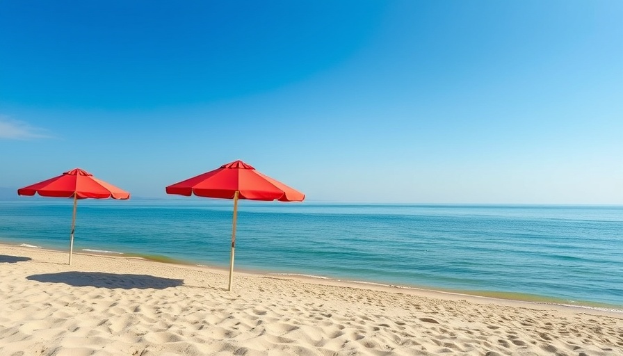 Peaceful beach with red umbrellas and calm sea.