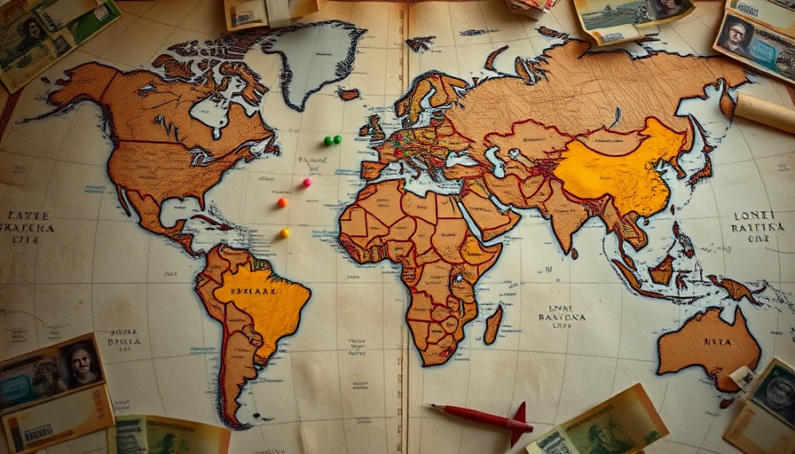 Graph RAG world map with colorful pins and currencies showcasing global connections.