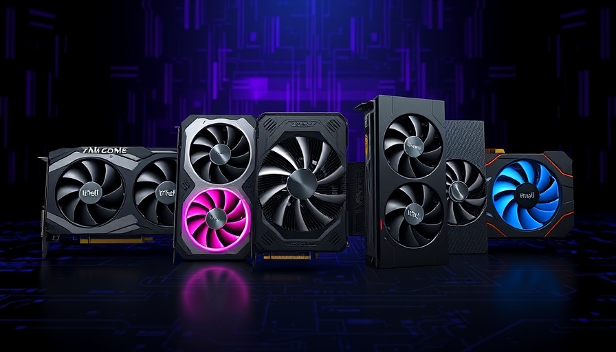 Futuristic Intel graphics cards in a sleek lineup display