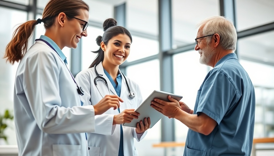 Healthcare professional using digital tablet with patient in a clinic.