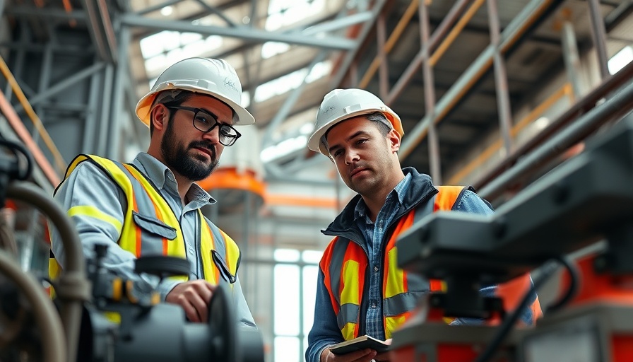 Construction workers inspecting equipment, heat electrification focus.