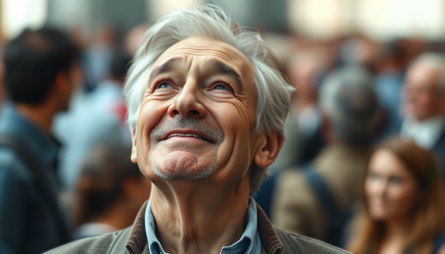 Thoughtful older man smiling upward, AI reliability concept.