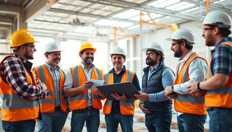 AI 3D scenes of enthusiastic construction workers in bright gear.
