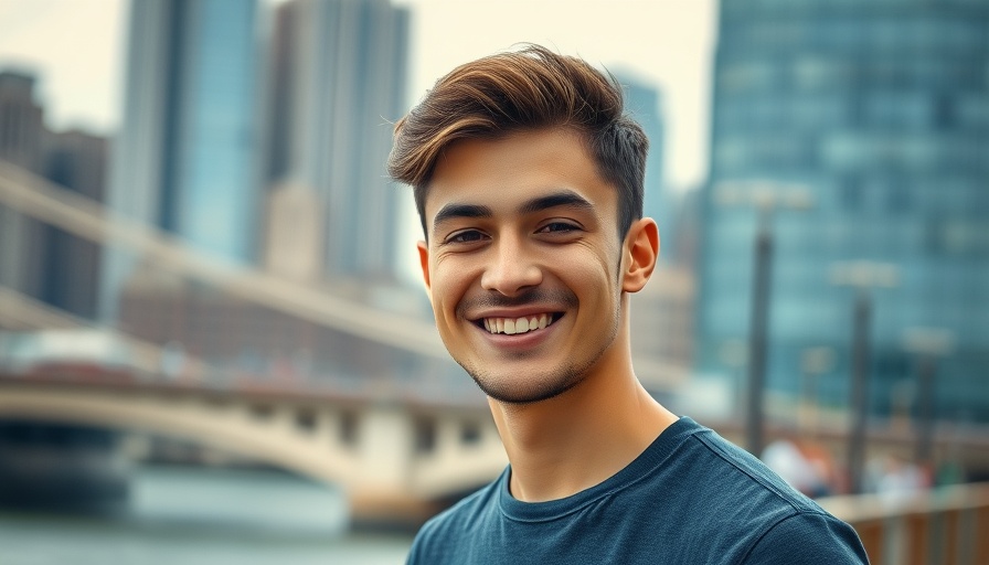 Portrait of a smiling young man outdoors with cityscape