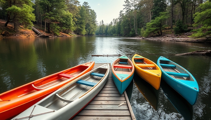 Scenic river dock with colorful canoes, RV Living Guide