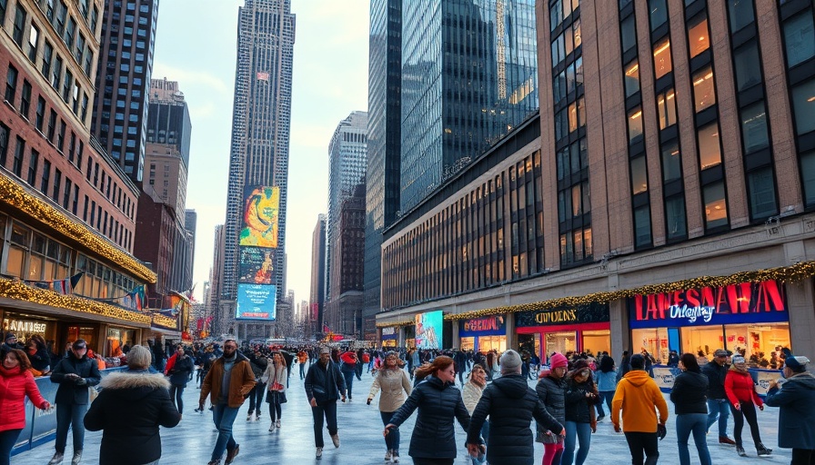 NYC holiday attractions with ice skating and skyscrapers.