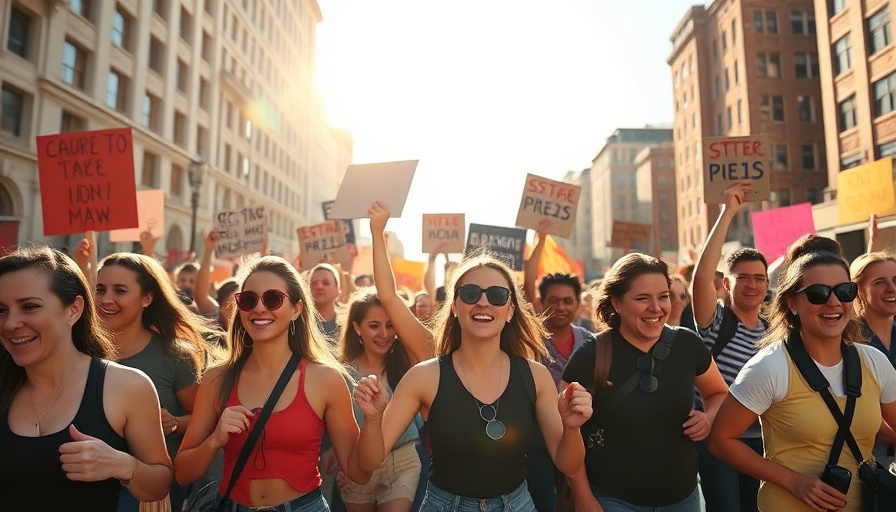 Protest march in urban city, dynamic crowd scene.