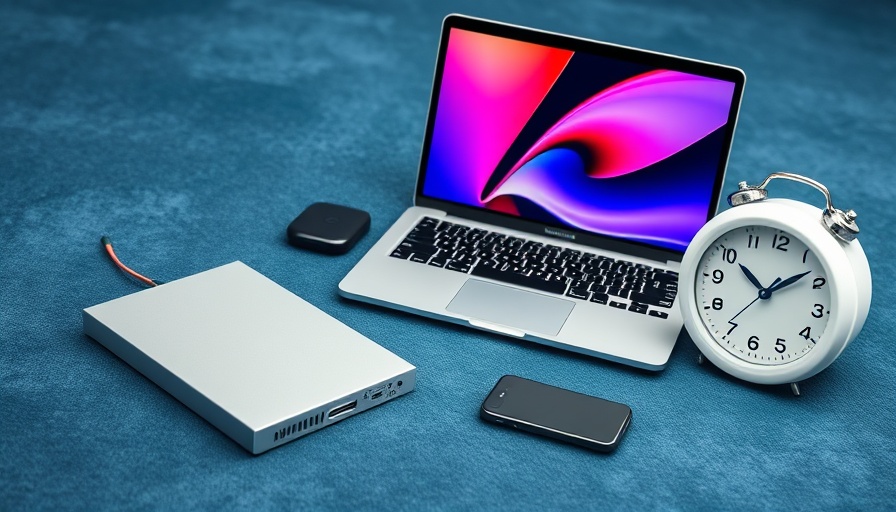 Cyber Monday Deals on electronics including laptop, hard drive, and clock.