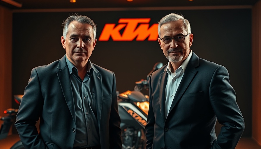 Executives standing by KTM motorcycle with dramatic lighting