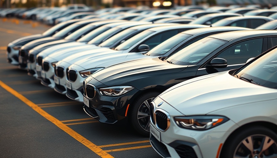 Auto stocks display: lineup of modern cars in parking lot.