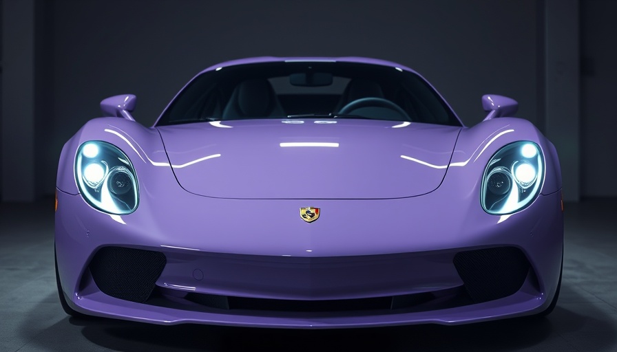 Sleek lavender sports car in dim studio lighting.
