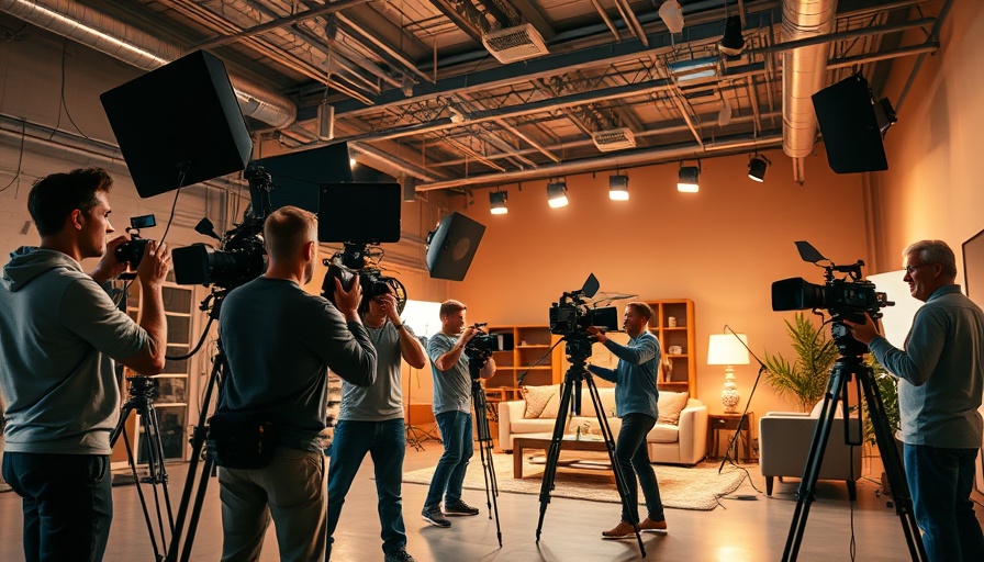 Film set of Project Orange with crew and equipment under bright lights.