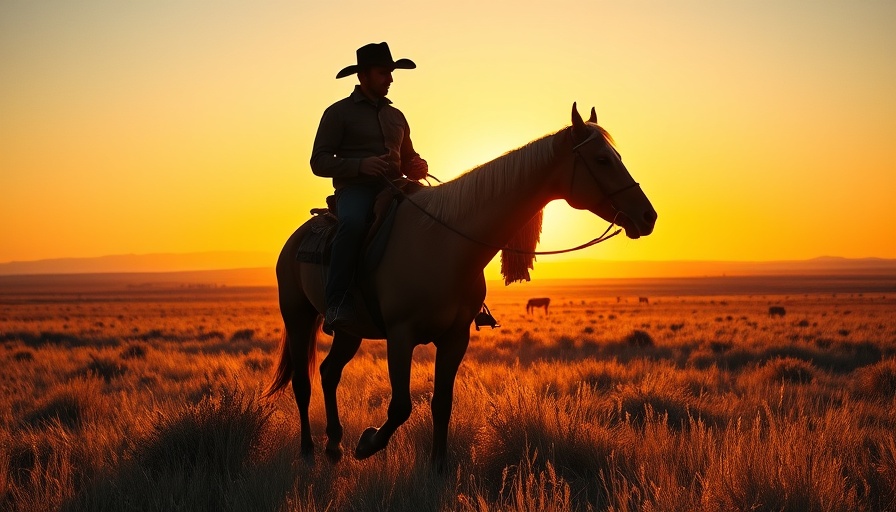 Cowboy on horseback at sunset in open plains