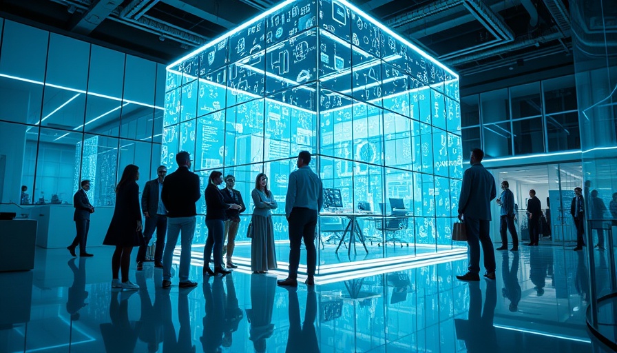 Futuristic digital cube installation in a high-tech office, AWS Bedrock upgrades.