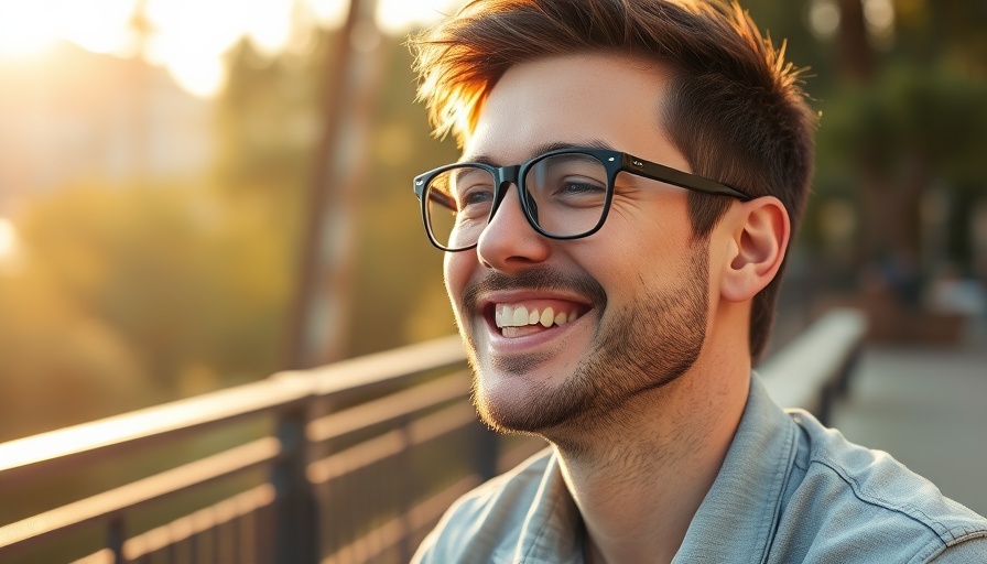 Smiling man outdoors with glasses, bright and cheerful ambiance