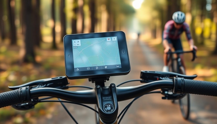 Close-up of bike computer on handlebars showing map, cyclists in background.