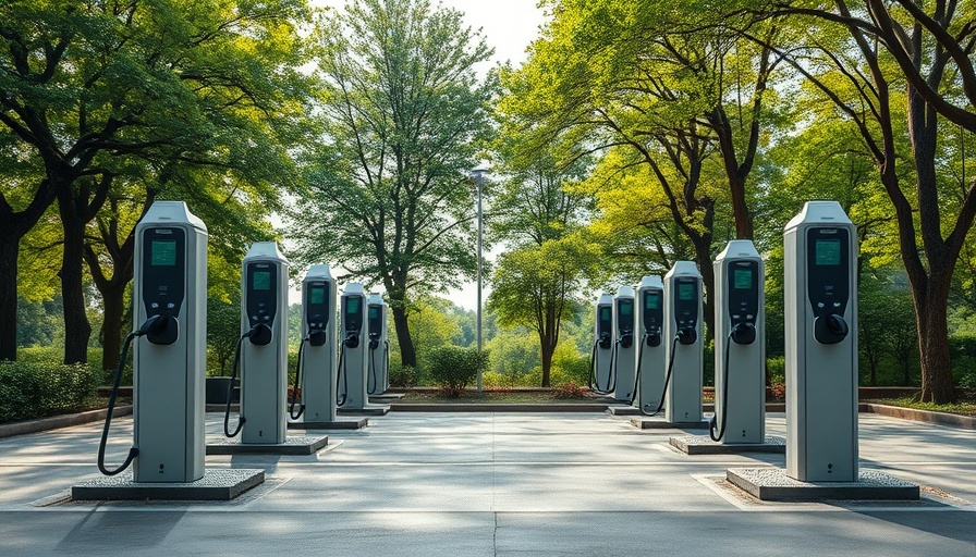 Five electric charging stations in a green park setting, plug and charge.