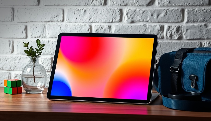 Modern tablet with colorful screen on a wooden desk, vibrant room setting