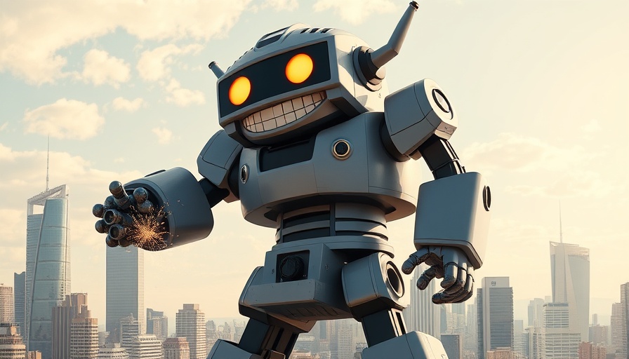 AI advancements depicted as giant robot in cityscape.