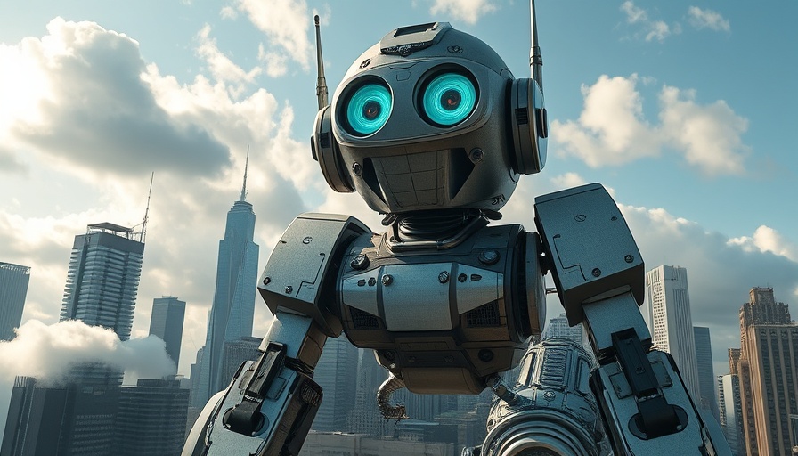 Giant retro robot in a futuristic city, concept of cloud migration