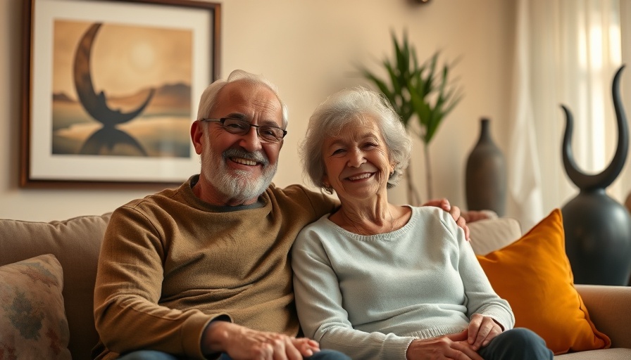 Older couple smiling at home, tech innovations theme.