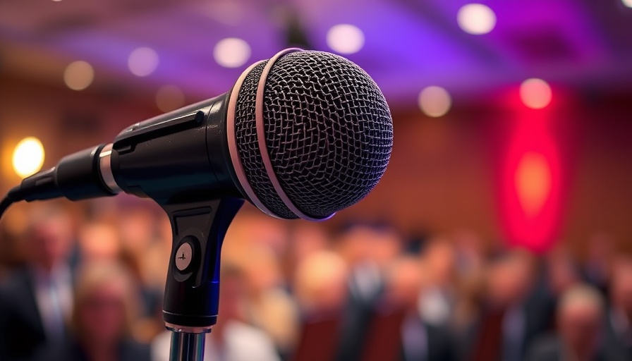 AI communication through a microphone at an event.