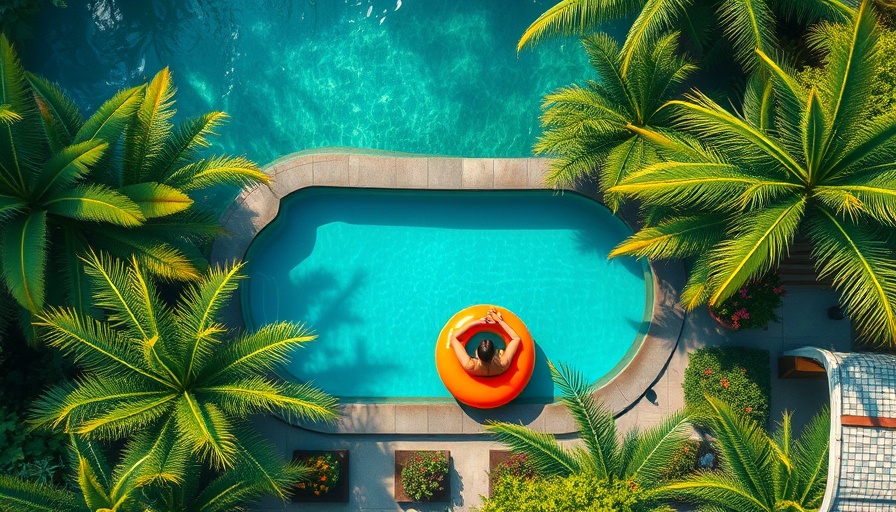 Tropical pool scene created with generative AI models.