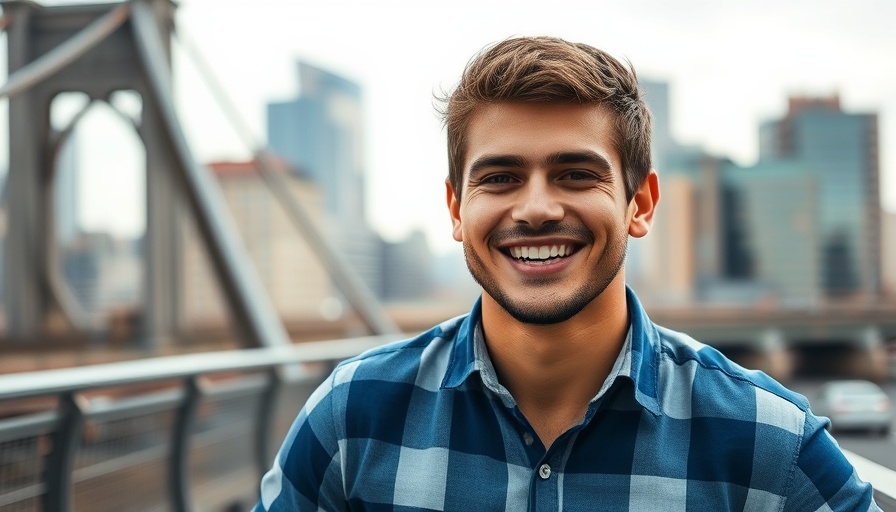 Smiling man in plaid shirt with cityscape and bridge background.