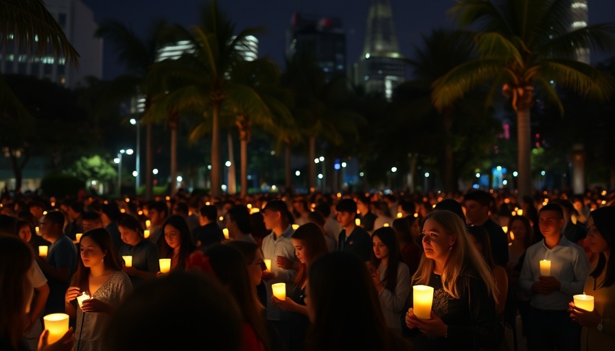 Nighttime vigil with crowd holding candles and banners in a city.