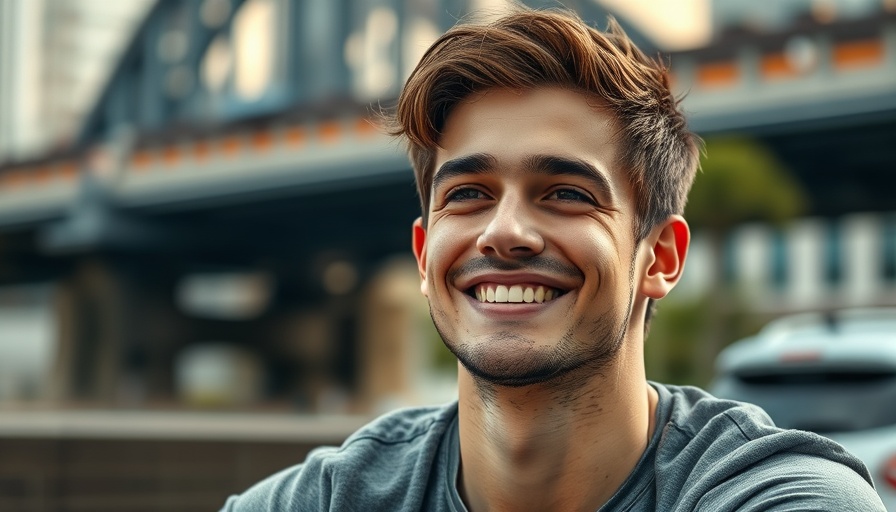 Smiling young man outdoors with blurry bridge background