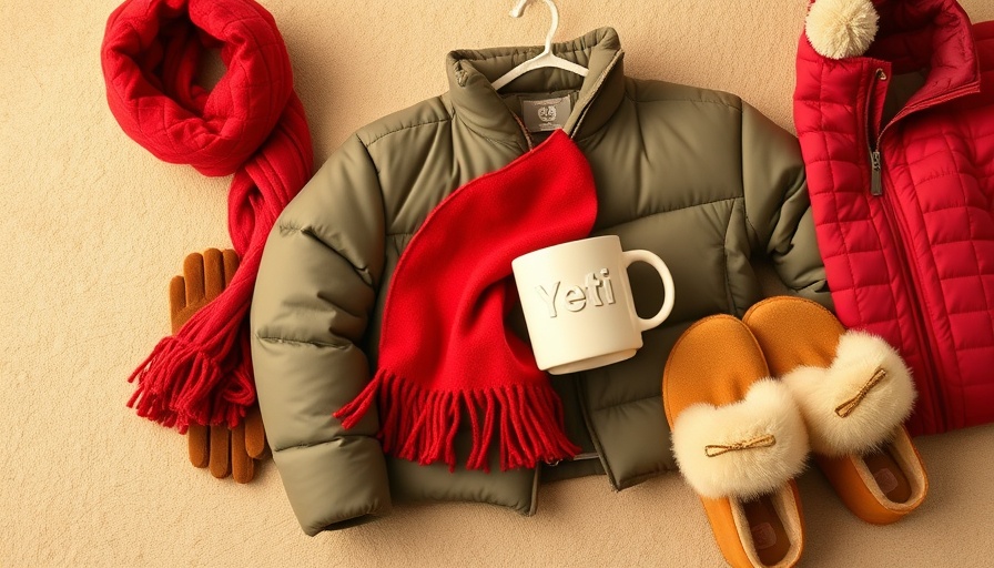 Warming technology gifts: scarf, Yeti mug, jacket, slippers.