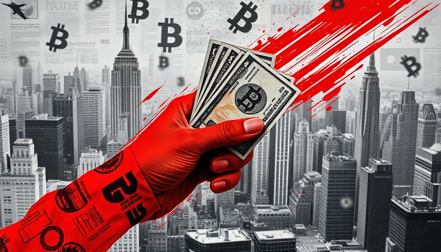 Abstract crypto laundering collage with cash and Bitcoin symbols, red elements