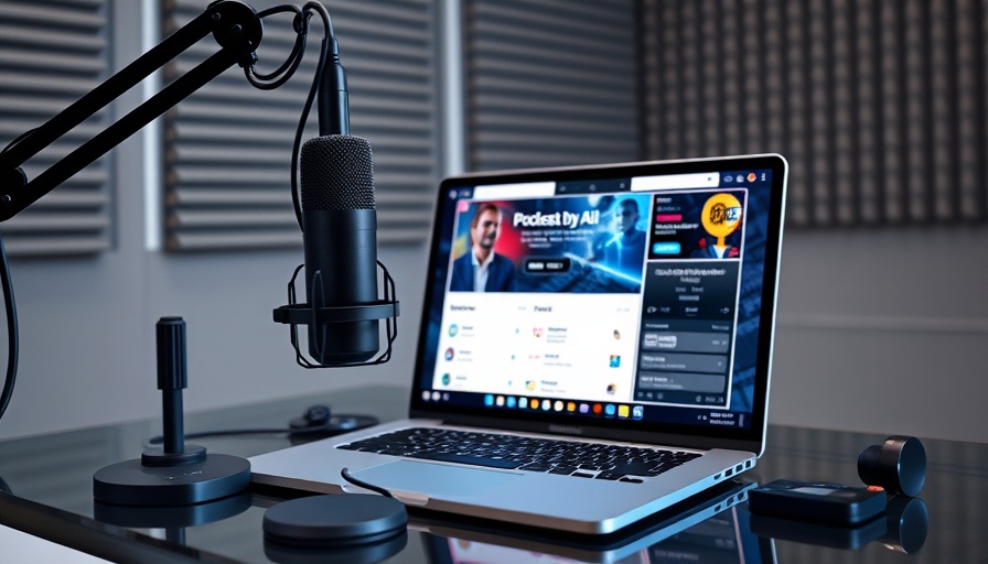 AI podcast generator setup with mic and laptop in studio.