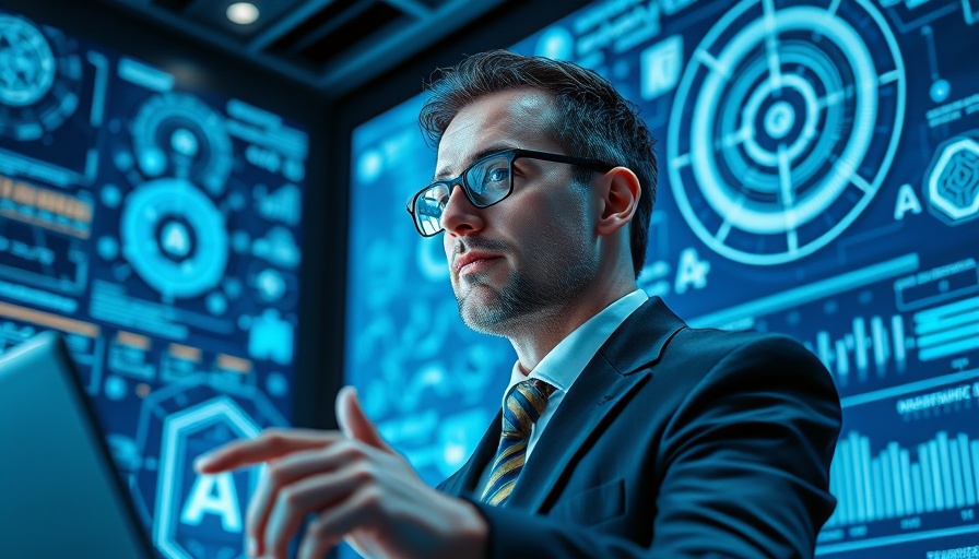 AI business transformation scene in high-tech office.