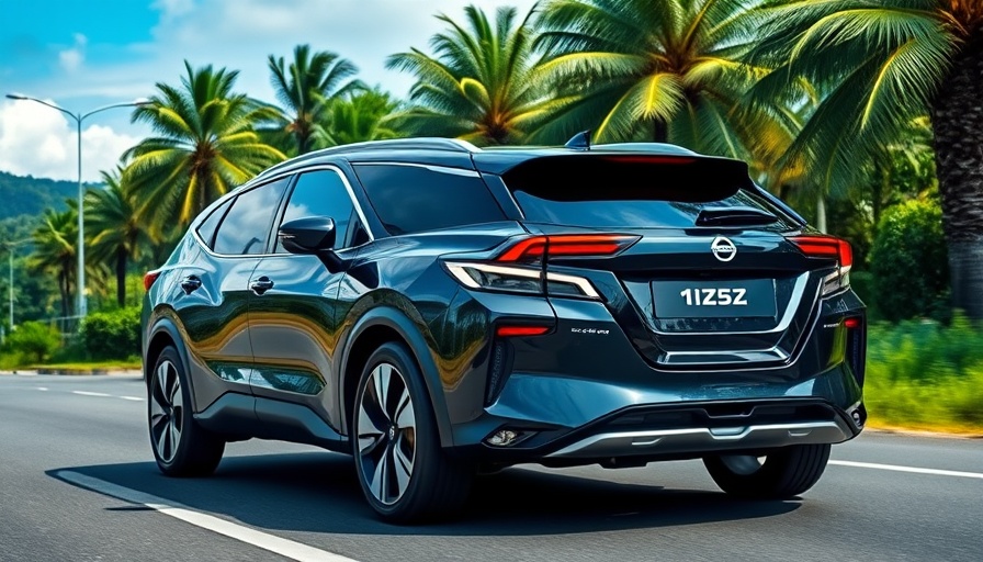 Nissan electric SUV on a scenic road in Malaysia, futuristic design.