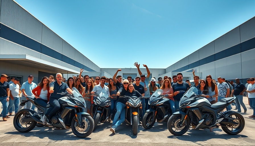 Celebratory group with Can-Am Electric Motorcycles in foreground.