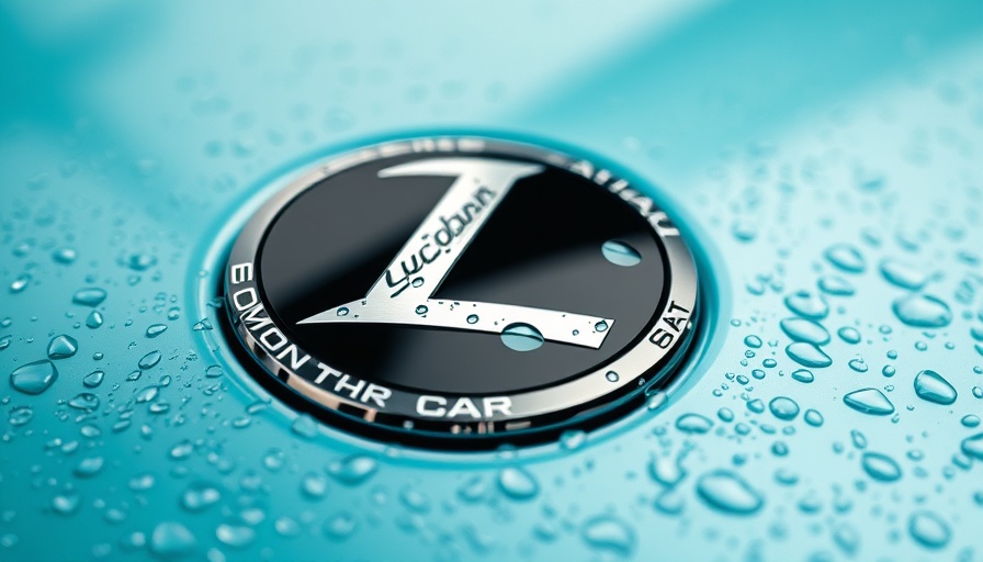 Luxury car badge with droplets highlighting EV sales growth.