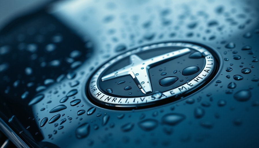 Close-up of luxury car emblem with raindrops.