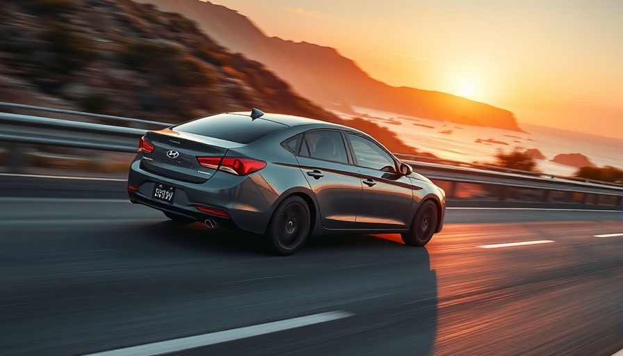 Hyundai sedan driving at sunset on coastal highway. Hyundai recall.