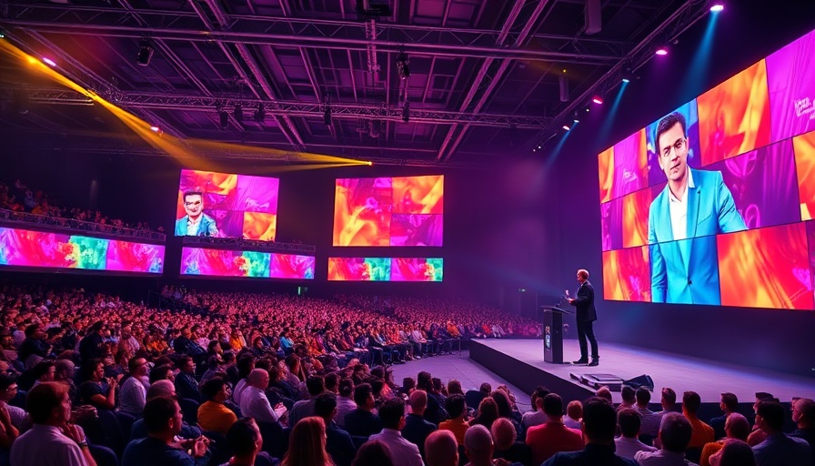 Conference on AWS initiative, vibrant stage, large audience, dynamic lighting.