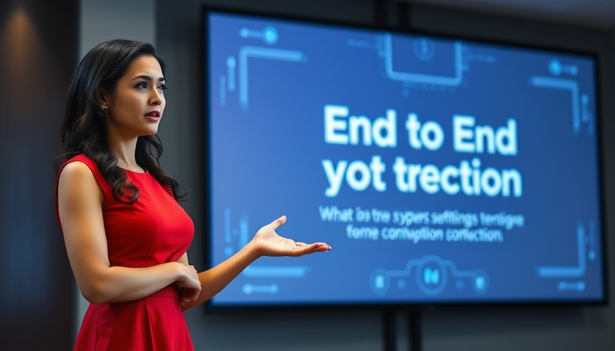 Confident woman presenting on AI cybersecurity, red dress.