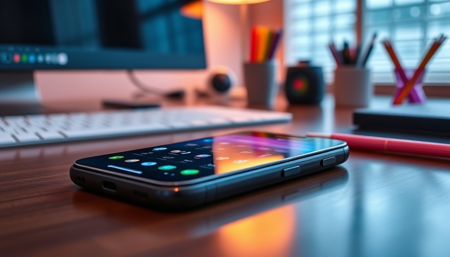 Business phone services app on office desk with vibrant lighting.