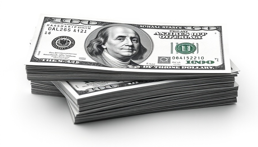 AI investment concept with US dollar stack and digital overlays.