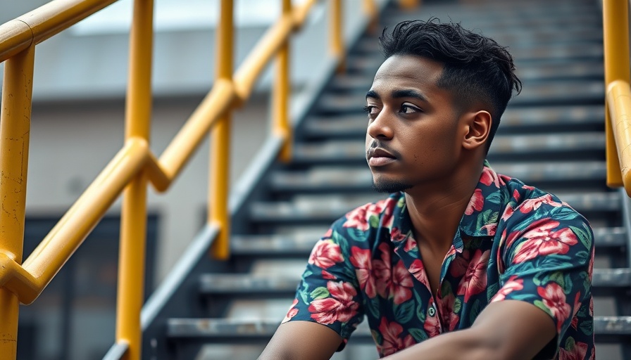 Young man on stairs in floral shirt, thoughtful expression.