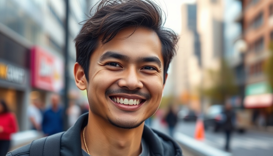 Smiling person in urban setting, AI-powered media partnerships