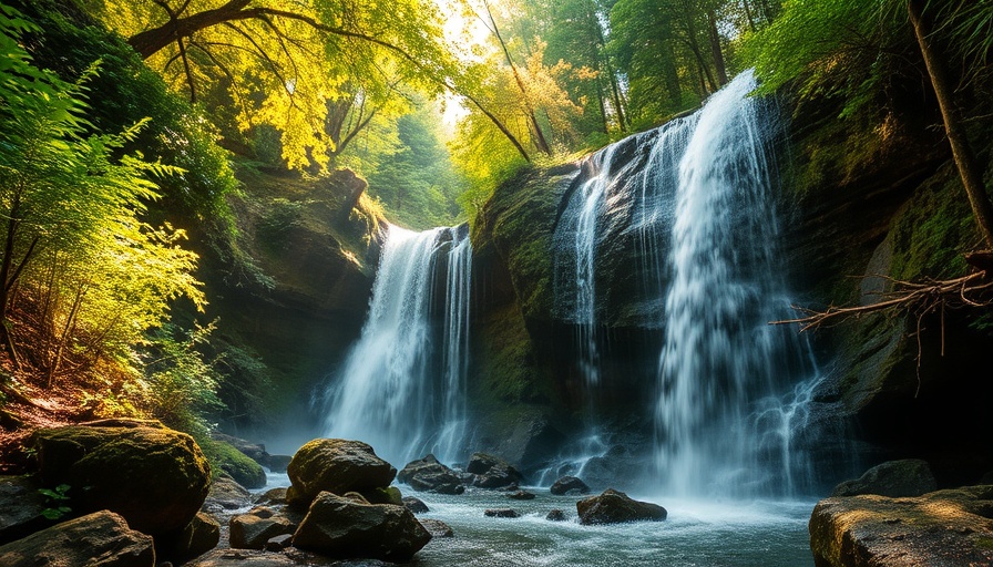 Scenic Byways California, vibrant waterfall in lush forest.