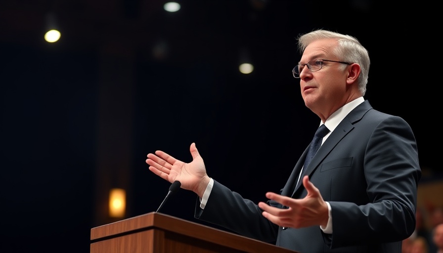 Remarketing officer giving a presentation at a podium in a dimly lit room.