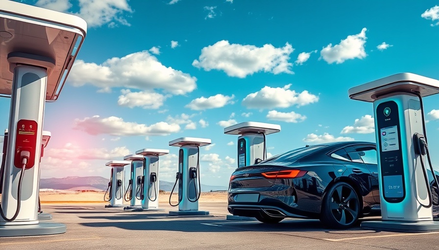 Futuristic EV charging stations against a blue sky.