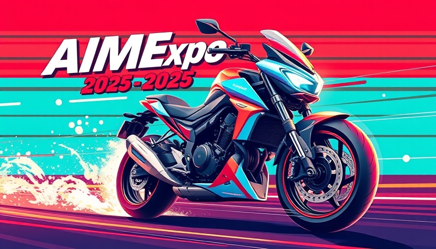 AIMExpo 2025 promotional banner with motorcycle illustration.