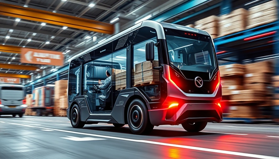 Electric truck logistics in a futuristic urban setting.